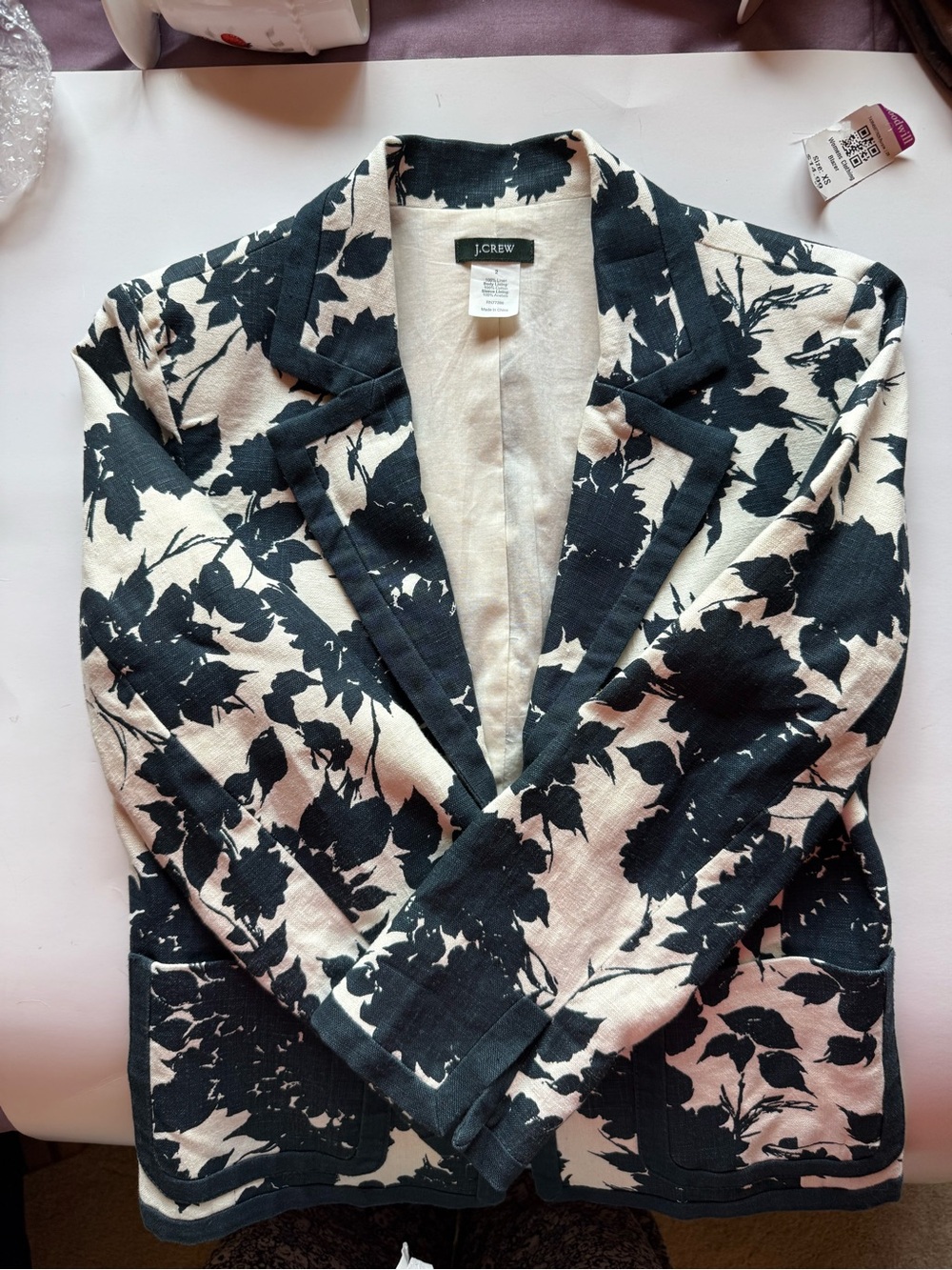 J. Crew Cream and Black Floral Print Linen Jacket - Picture 2 of 7